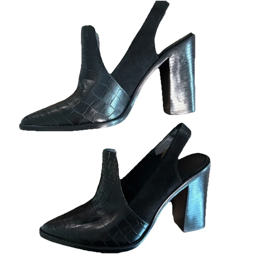 Tibi Croc Embossed Suede Pointy Toe Slingback Size 7 Block Heel Classy MSRP $425